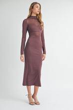 Load image into Gallery viewer, Plum-Tastic Mesh Bodice Midi Dress