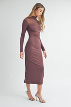Load image into Gallery viewer, Plum-Tastic Mesh Bodice Midi Dress