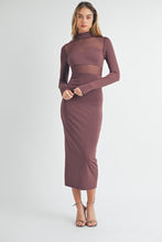 Load image into Gallery viewer, Plum-Tastic Mesh Bodice Midi Dress
