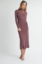 Load image into Gallery viewer, Plum-Tastic Mesh Bodice Midi Dress