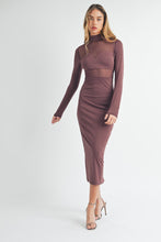 Load image into Gallery viewer, Plum-Tastic Mesh Bodice Midi Dress