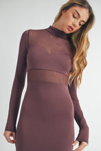 Load image into Gallery viewer, Plum-Tastic Mesh Bodice Midi Dress