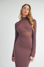 Load image into Gallery viewer, Plum-Tastic Mesh Bodice Midi Dress