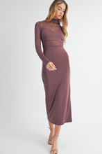 Load image into Gallery viewer, Plum-Tastic Mesh Bodice Midi Dress
