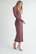 Load image into Gallery viewer, Plum-Tastic Mesh Bodice Midi Dress
