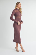 Load image into Gallery viewer, Plum-Tastic Mesh Bodice Midi Dress