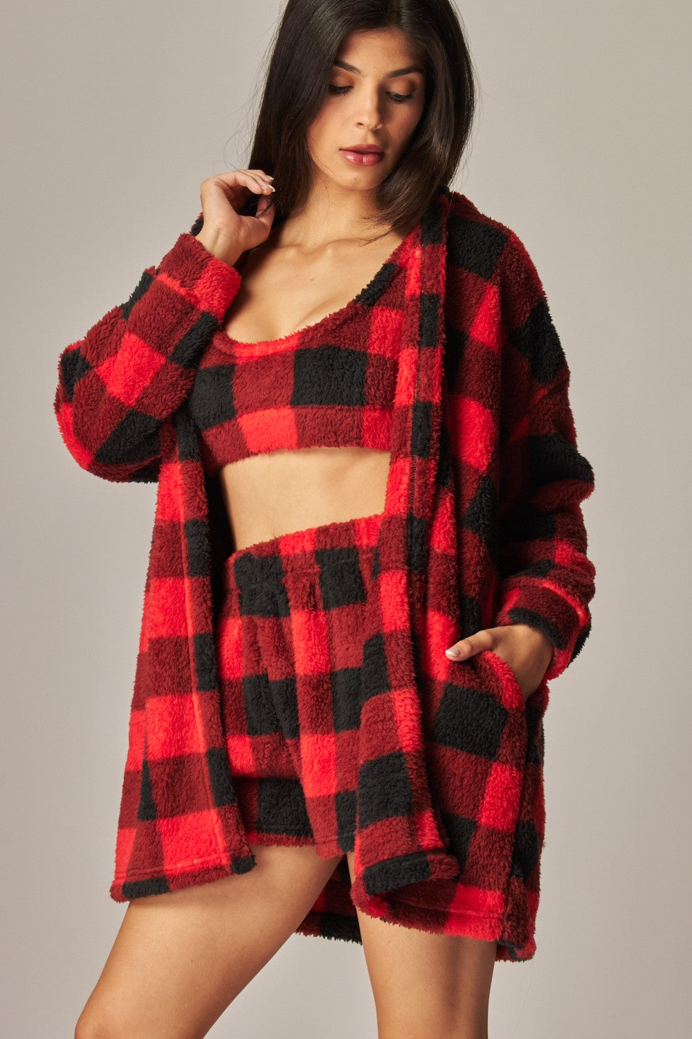 Cozy Fleece 3 Piece Pajama Set Plaid