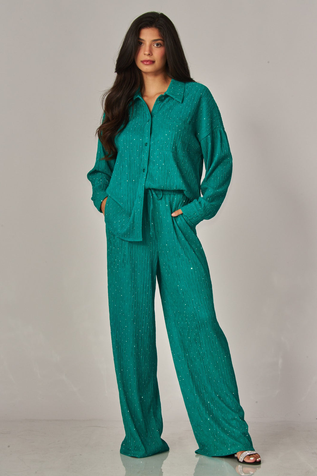 Crinkled Rhinestone Lounge Set Emerald