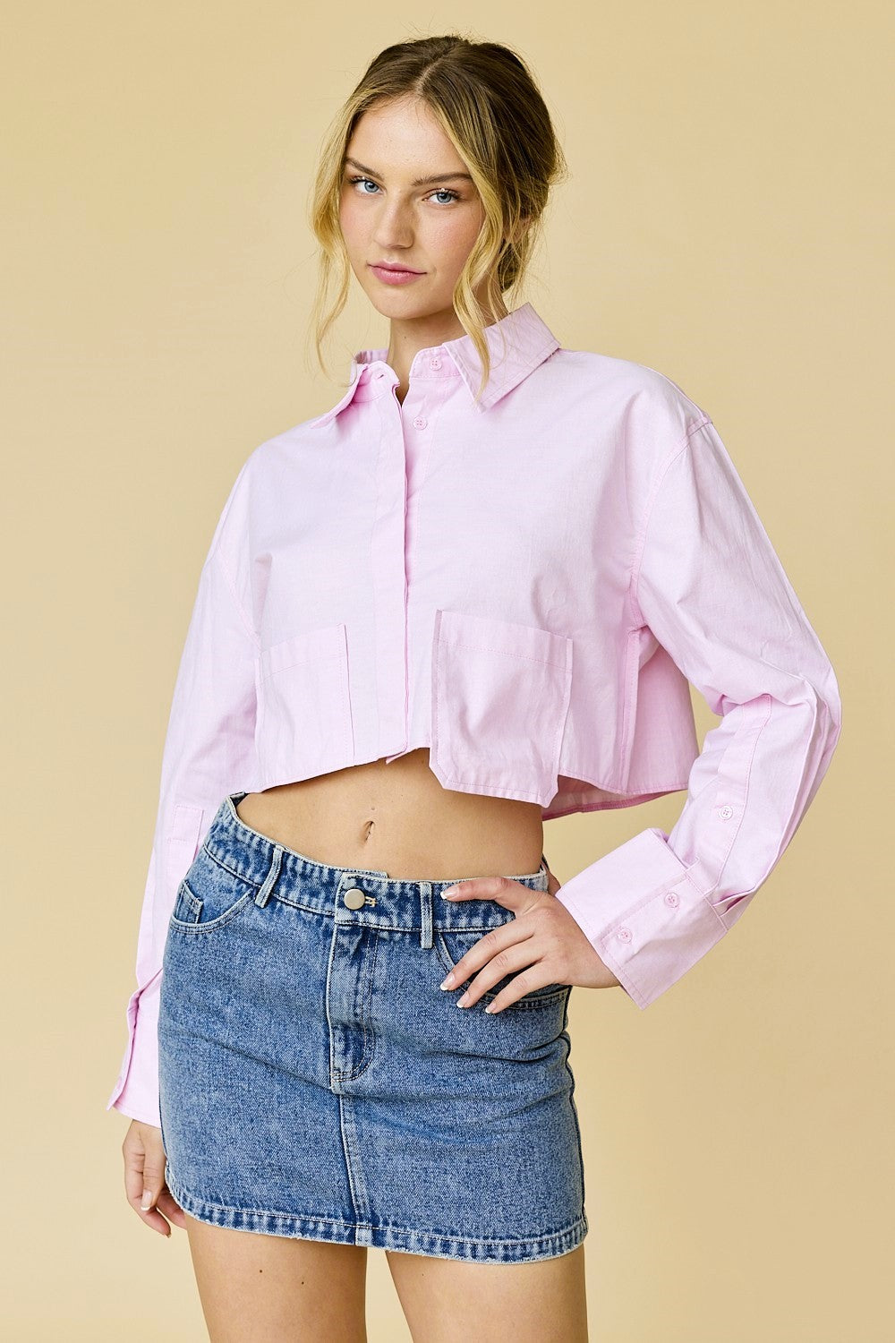 Rowen Cropped Button Down Pink