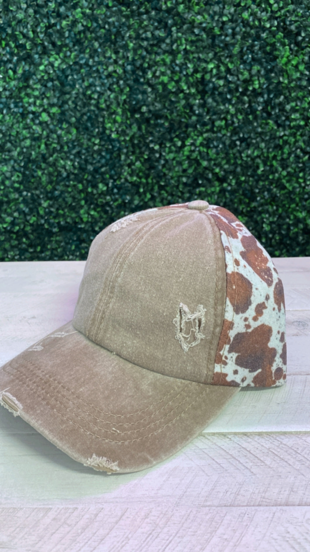 Distressed Cow Print Pony Tail Hat